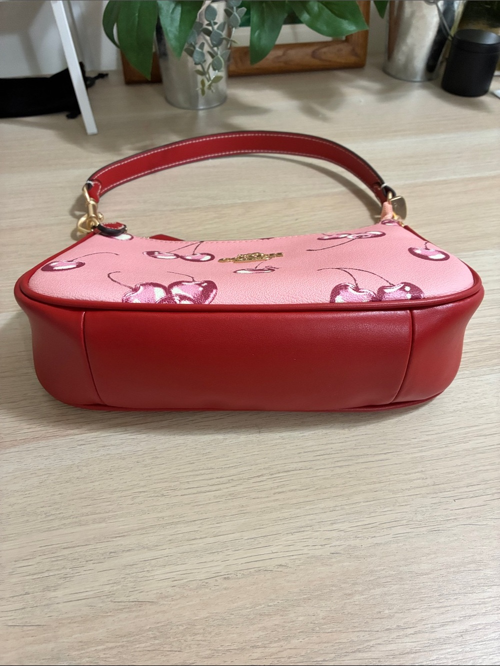 Coach Pink Cherry-Print Leather Shoulder Bag with Red Trim - Picture 5 of 6